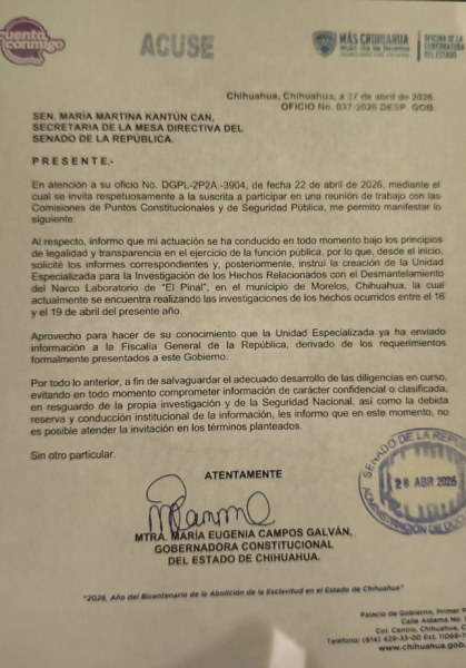 Maru Campos declina cita en el Senado por seguridad nacional