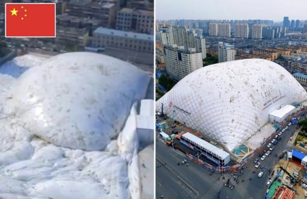 Cúpulas inflables frenan polvo y ruido en obras en China