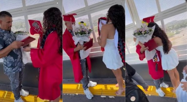 Se graduó en El Paso, llevó toga y birrete a su papá al puente