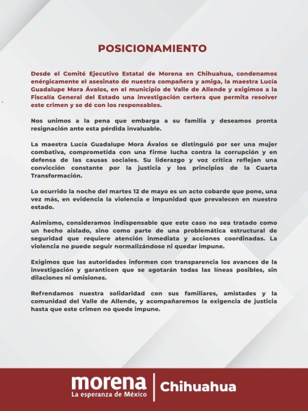 Condena Morena Chihuahua ejecución de líder