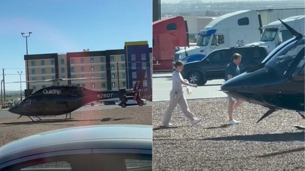 Captan a helicóptero aterrizando en El Paso para hacer compras en tienda