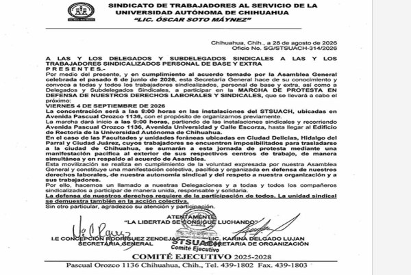 Marcha el Sindicato de la UACH este viernes