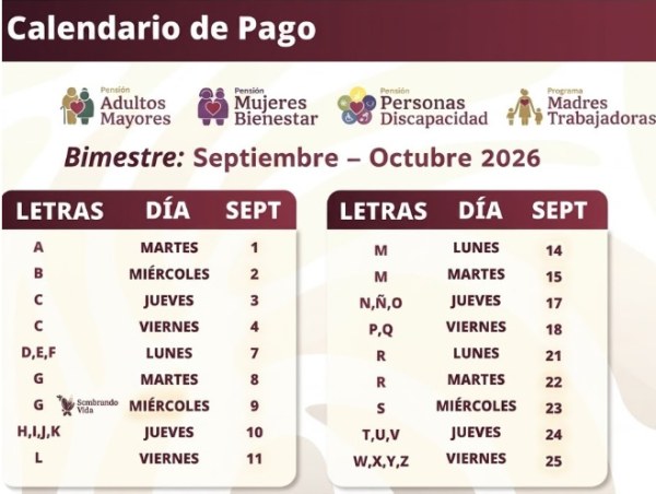 Publican calendario de pagos del Bienestar para septiembre-octubre