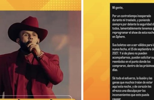 Canceló concierto Carin León en la Sphera de las Vegas